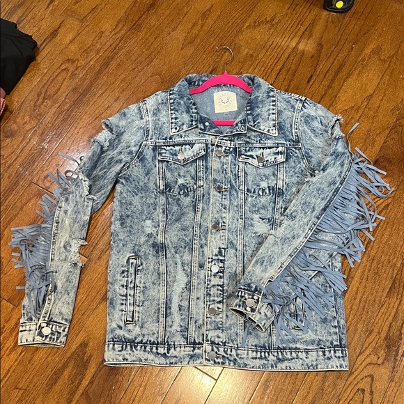 Fringe Denim Distressed Jean Jacket Medium Womens - Picture 7 of 7